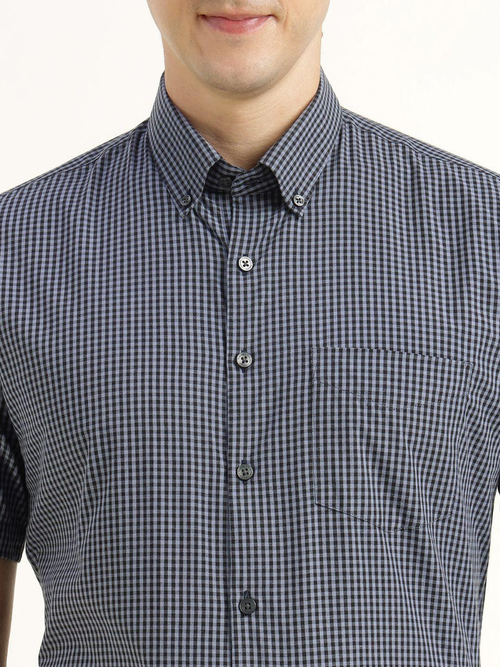 Men Blue & Navy Checked Pure Cotton Slim Fit Formal Shirt