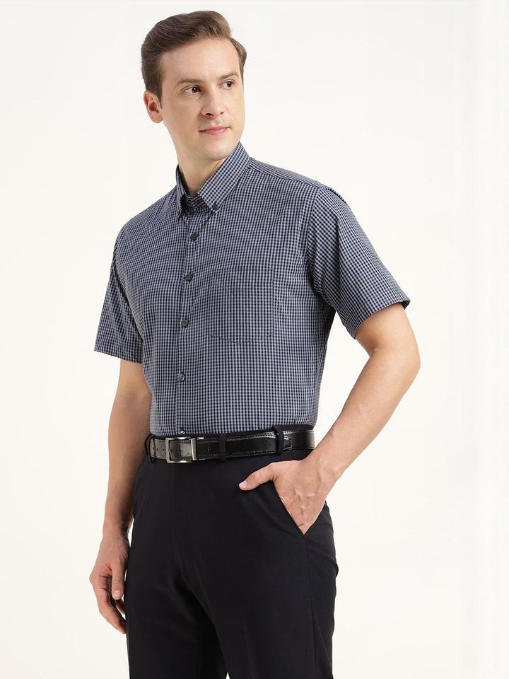Men Blue & Navy Checked Pure Cotton Slim Fit Formal Shirt