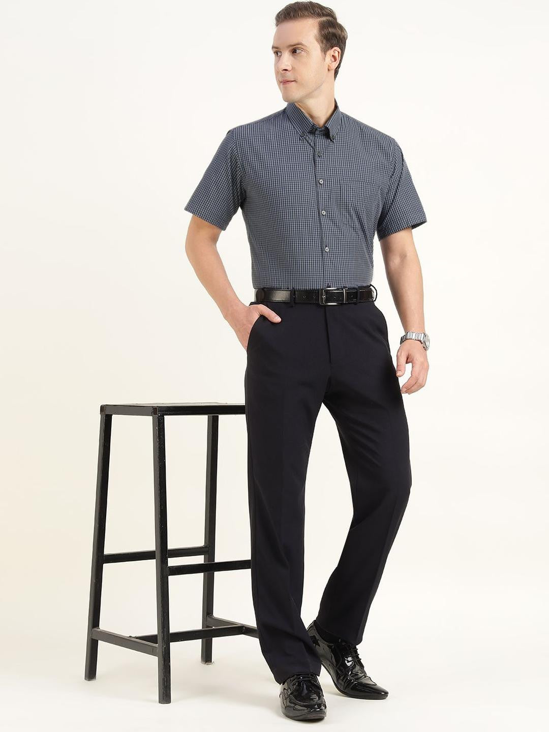 Men Blue & Navy Checked Pure Cotton Slim Fit Formal Shirt