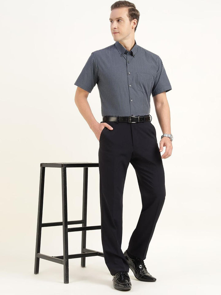 Men Blue & Navy Checked Pure Cotton Slim Fit Formal Shirt