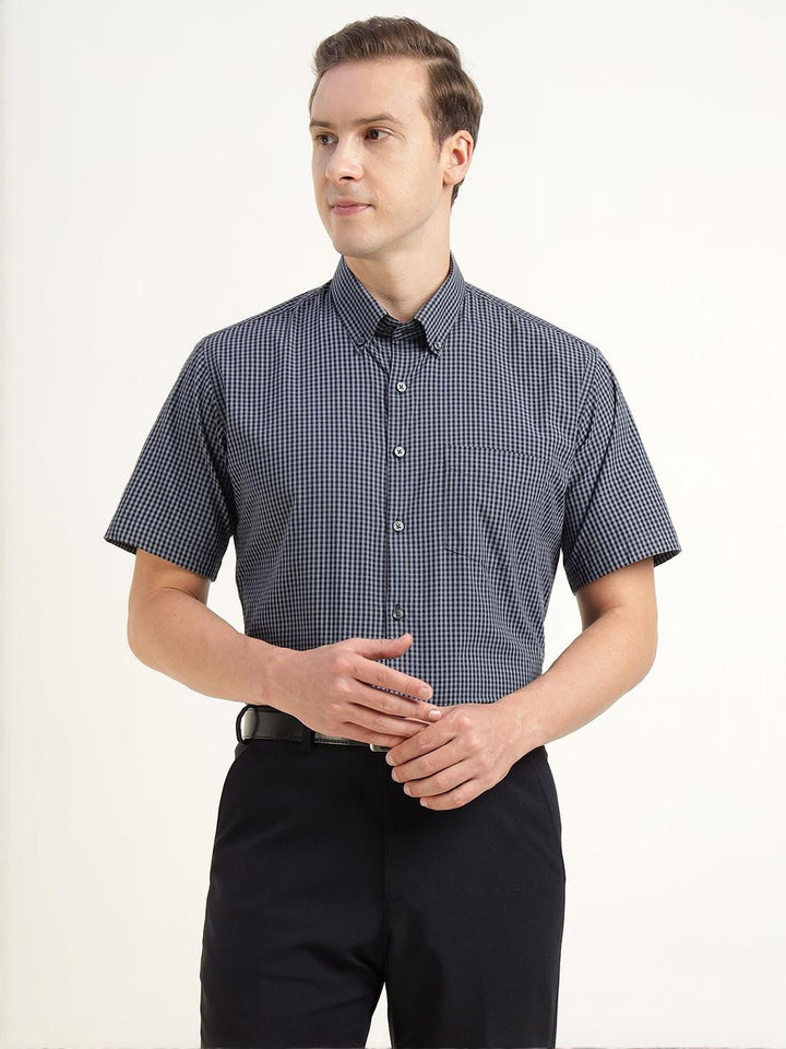 Men Blue & Navy Checked Pure Cotton Slim Fit Formal Shirt