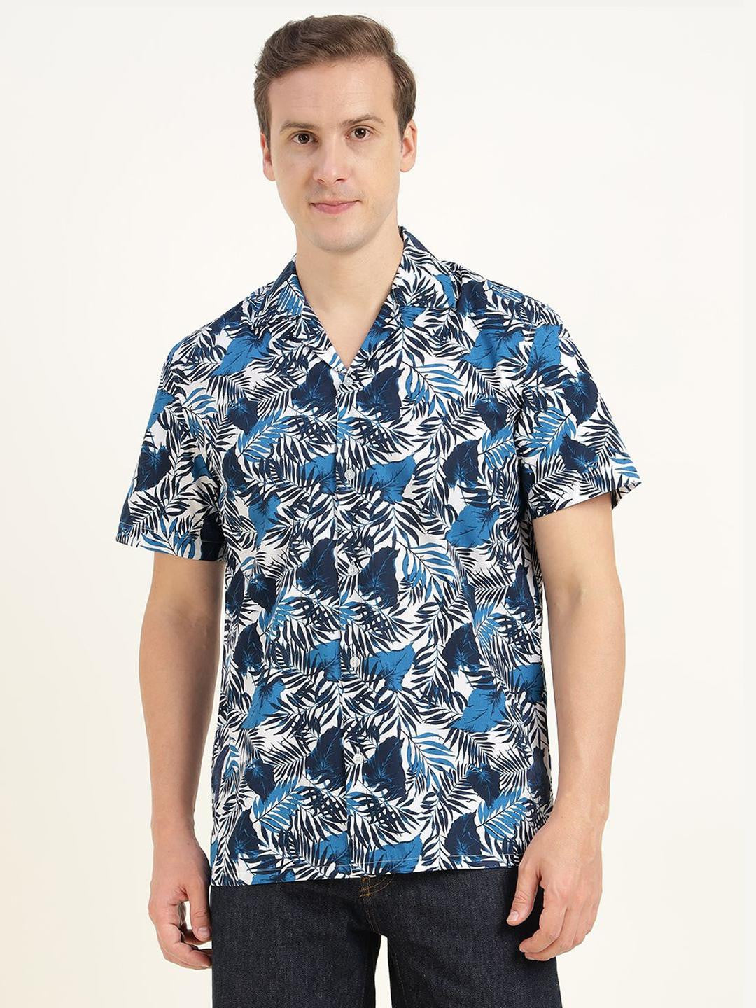 Hancock Men White & Blue Printed Pure Cotton Relaxed Fit Casual Shirt