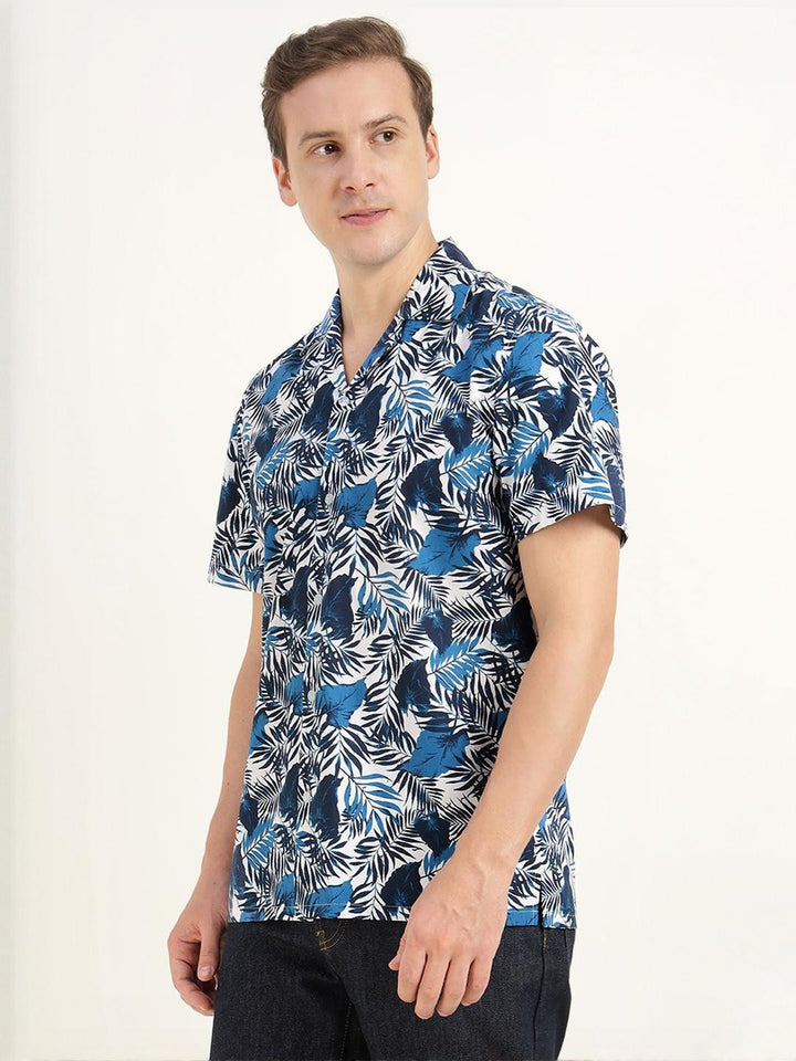 Hancock Men White & Blue Printed Pure Cotton Relaxed Fit Casual Shirt