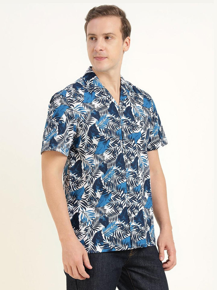 Hancock Men White & Blue Printed Pure Cotton Relaxed Fit Casual Shirt