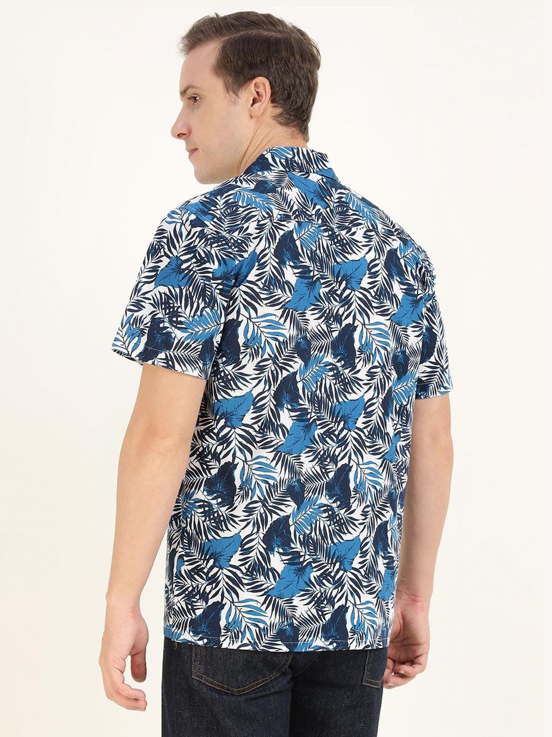 Hancock Men White & Blue Printed Pure Cotton Relaxed Fit Casual Shirt