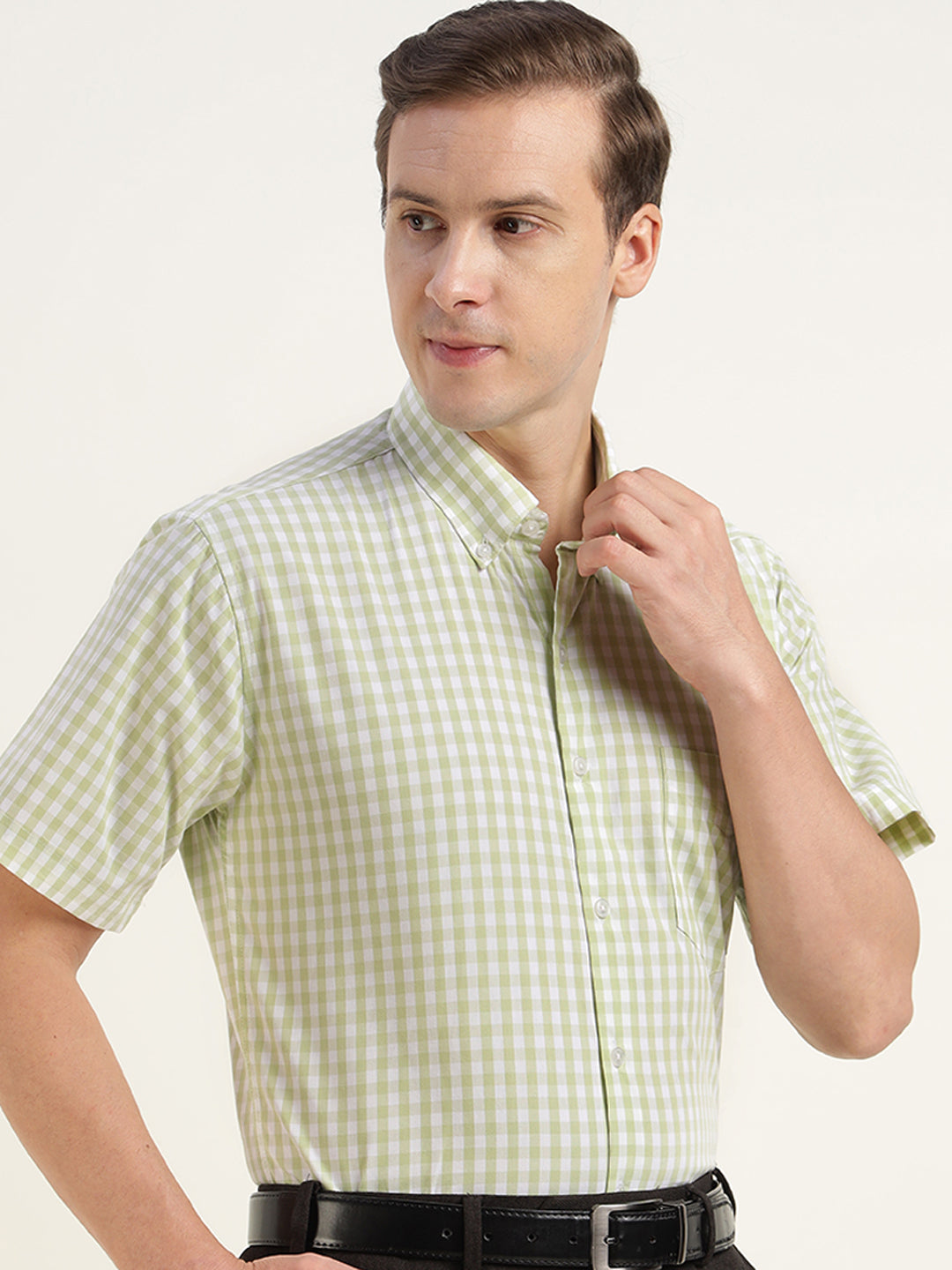 Men Light Green Checked Pure Cotton Slim Fit Formal Shirt