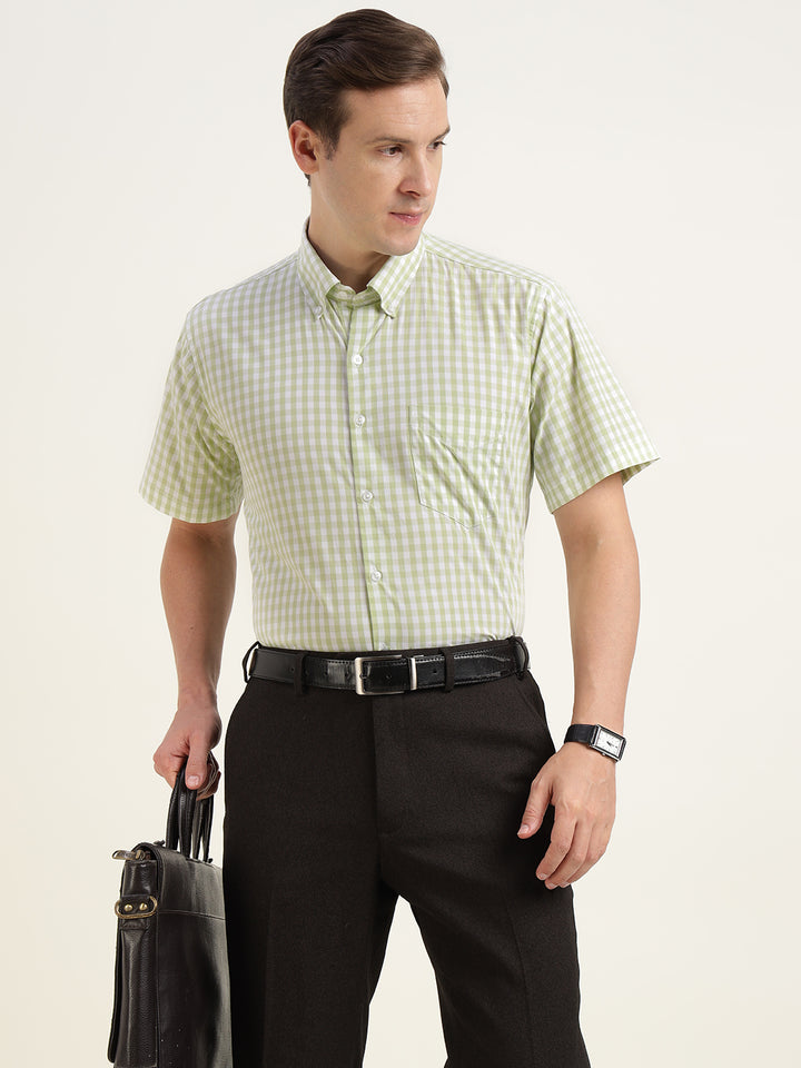 Men Light Green Checked Pure Cotton Slim Fit Formal Shirt