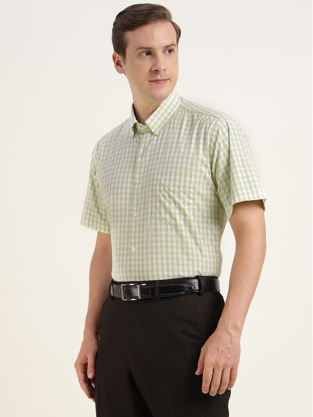 Men Light Green Checked Pure Cotton Slim Fit Formal Shirt