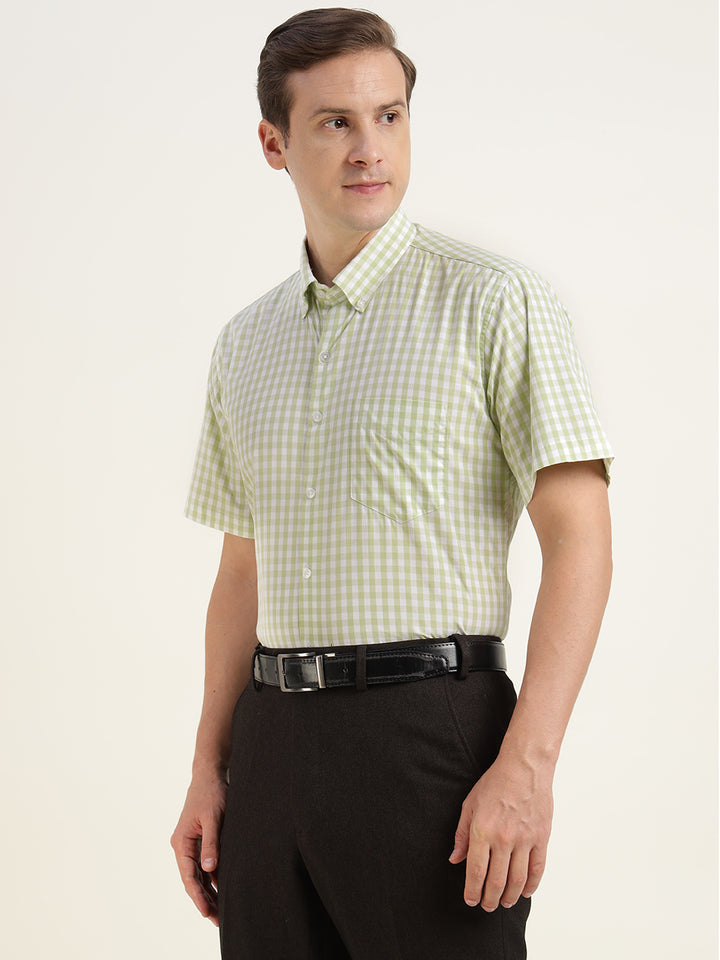 Men Light Green Checked Pure Cotton Slim Fit Formal Shirt