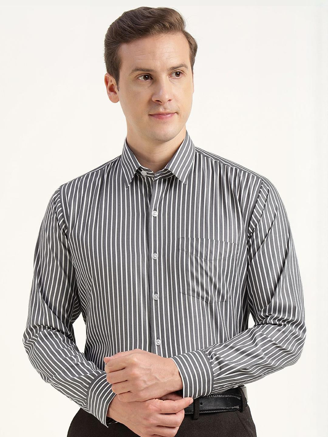 Hancock Men Grey & White Striped Cotton Rich Slim Fit Formal Shirt