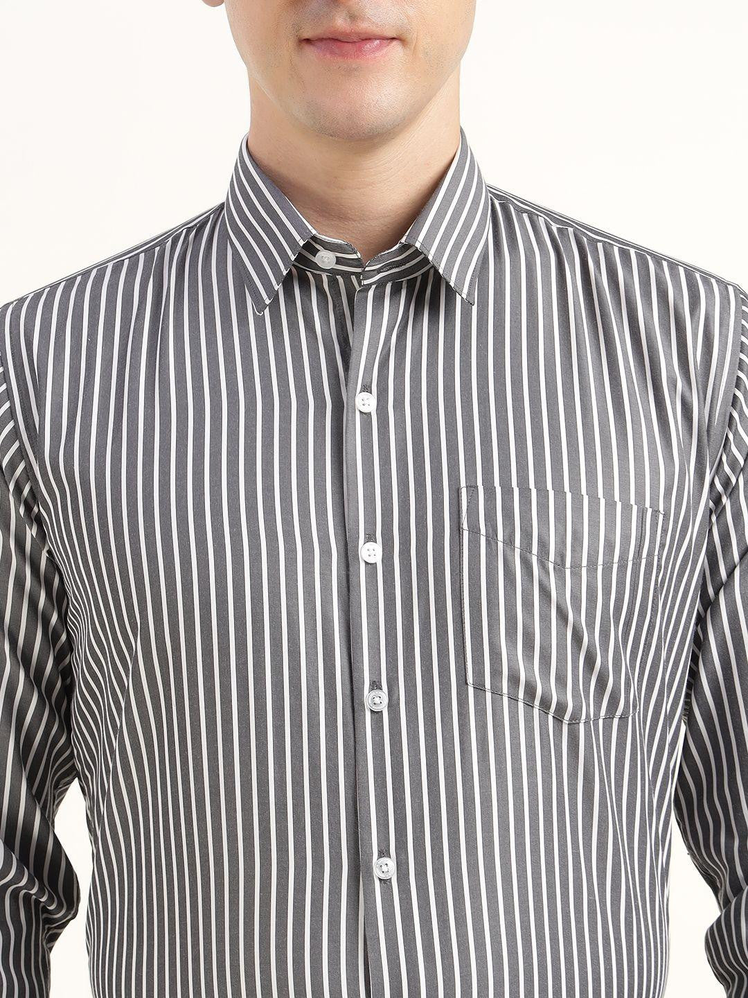 Hancock Men Grey & White Striped Cotton Rich Slim Fit Formal Shirt