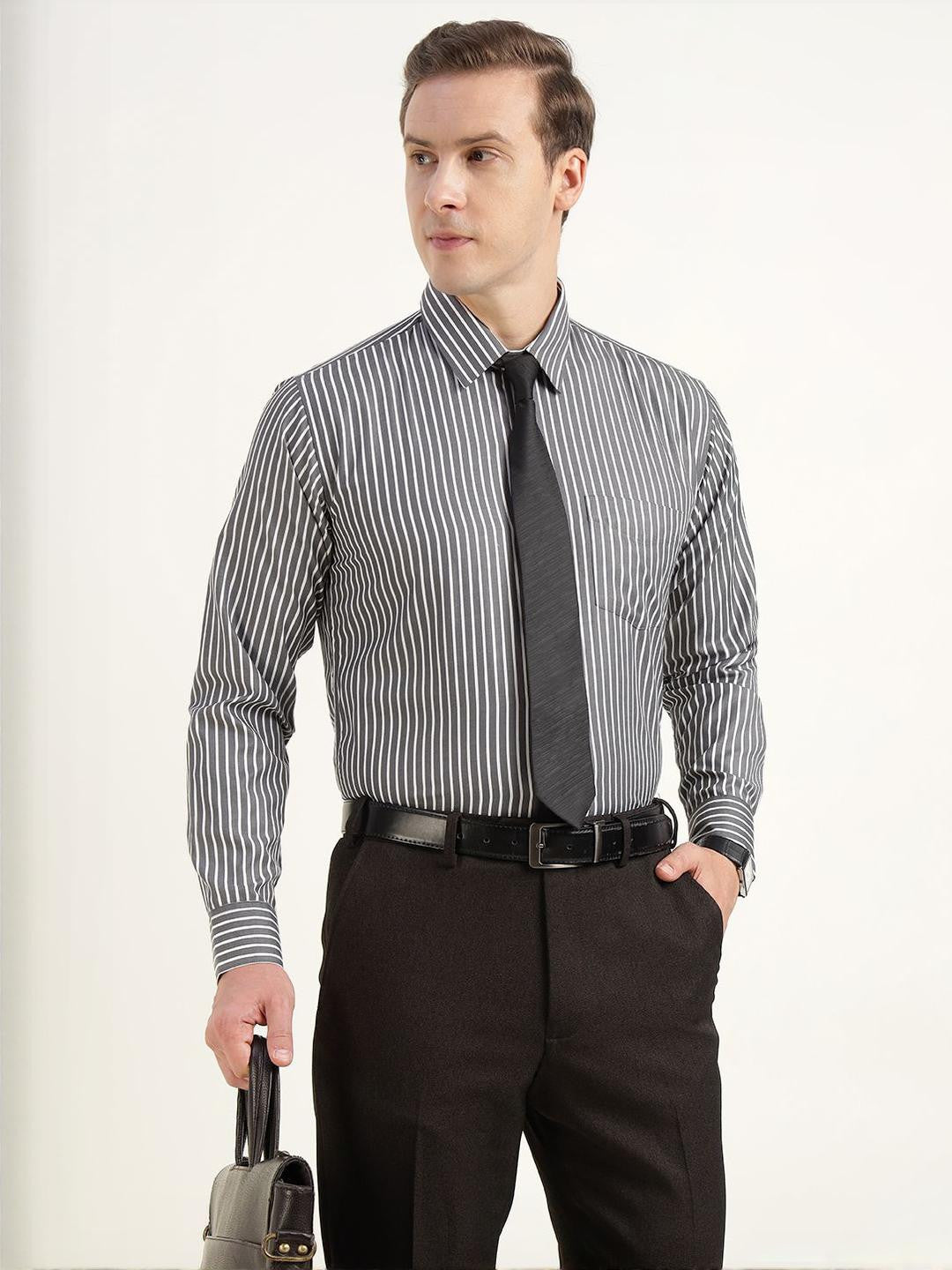 Hancock Men Grey & White Striped Cotton Rich Slim Fit Formal Shirt