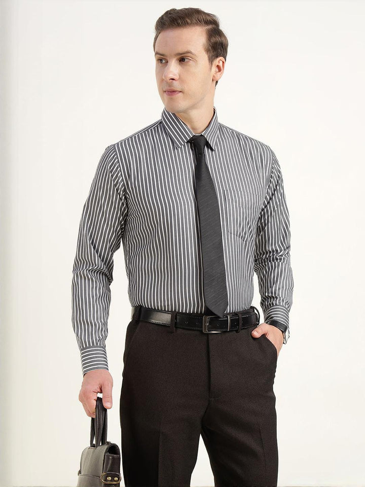 Hancock Men Grey & White Striped Cotton Rich Slim Fit Formal Shirt