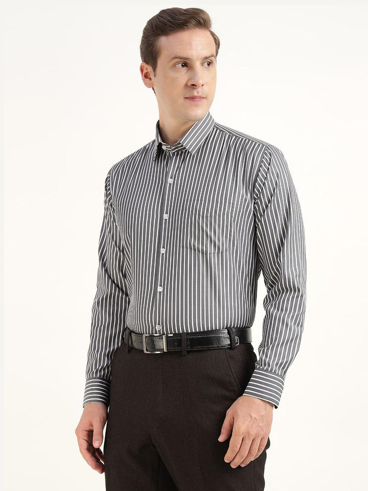 Hancock Men Grey & White Striped Cotton Rich Slim Fit Formal Shirt