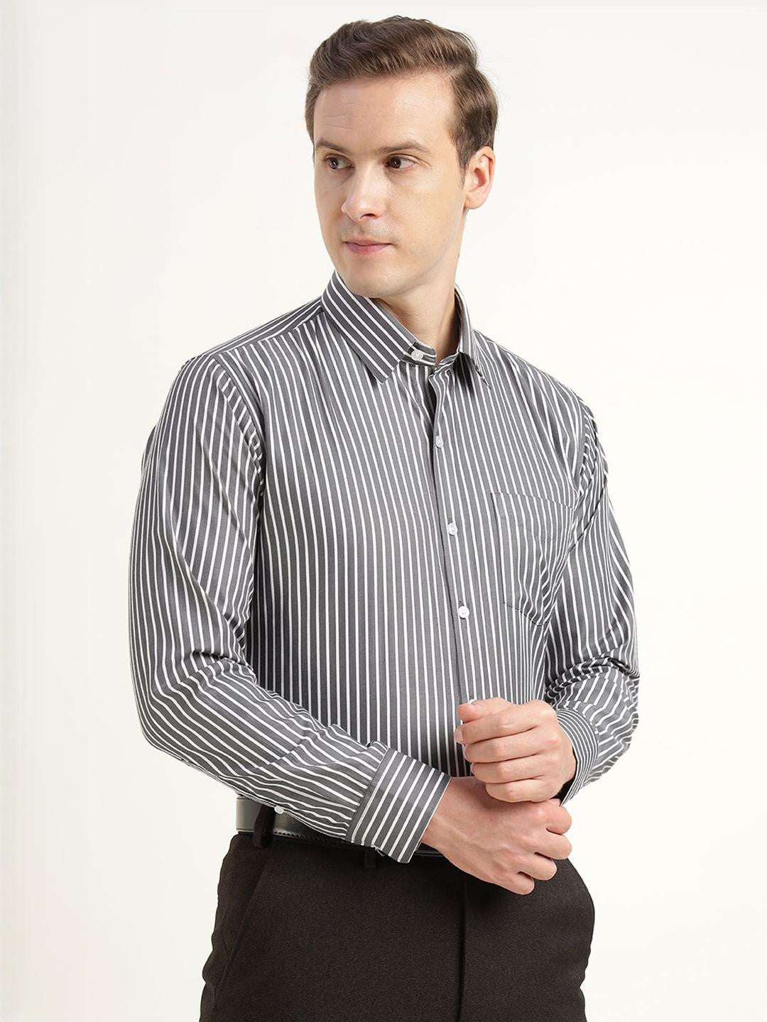 Hancock Men Grey & White Striped Cotton Rich Slim Fit Formal Shirt