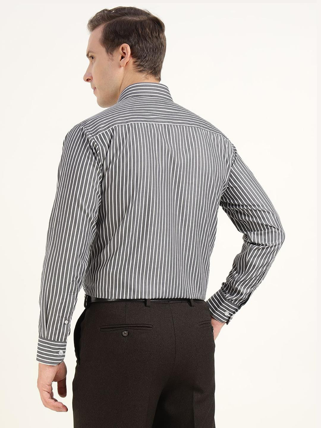 Hancock Men Grey & White Striped Cotton Rich Slim Fit Formal Shirt