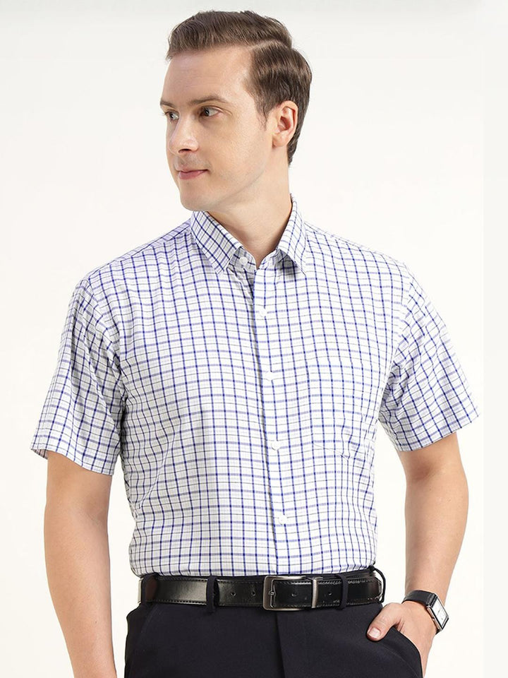 Men White & Blue Checked Pure Cotton Slim Fit Formal Shirt
