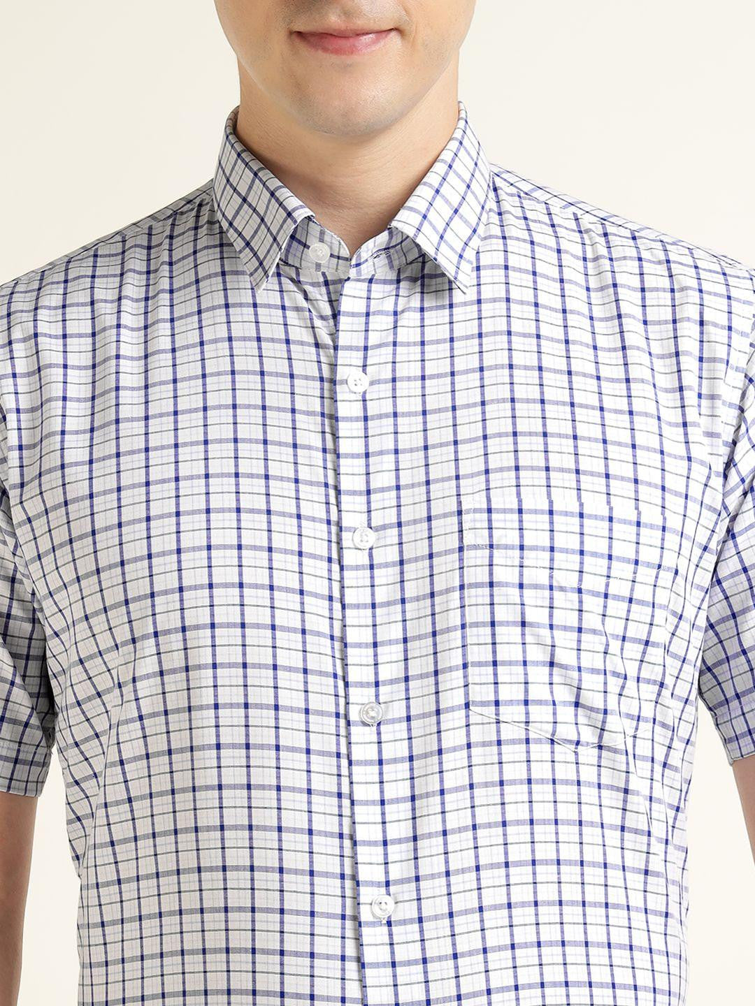 Men White & Blue Checked Pure Cotton Slim Fit Formal Shirt