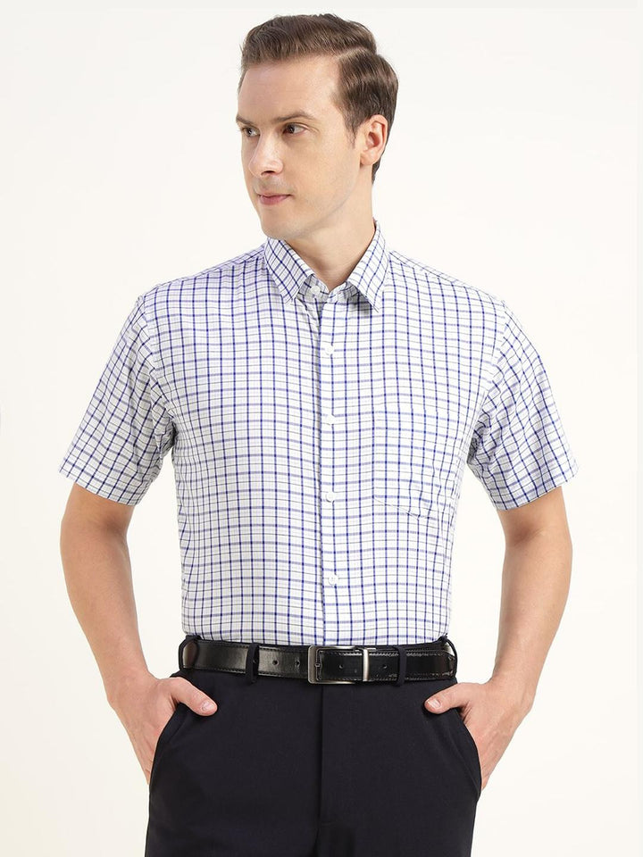 Men White & Blue Checked Pure Cotton Slim Fit Formal Shirt
