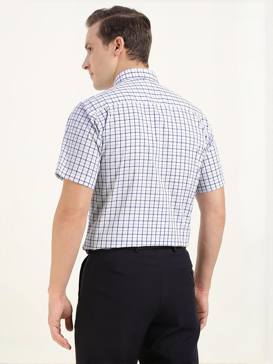 Men White & Blue Checked Pure Cotton Slim Fit Formal Shirt