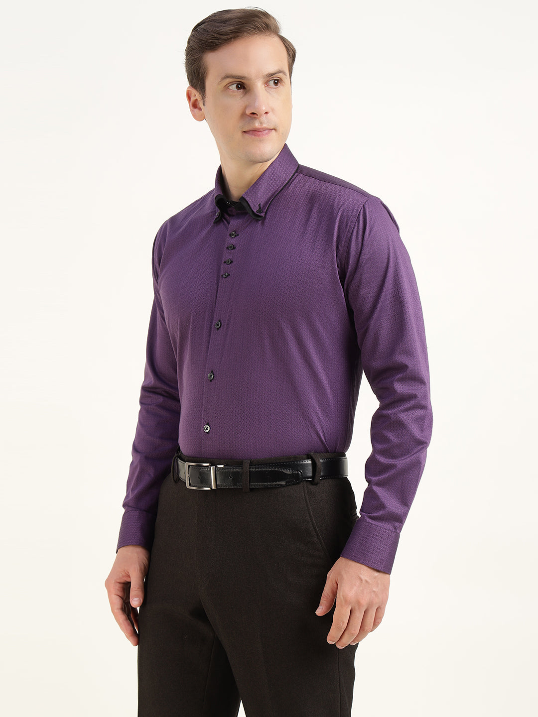 Hancock Men Purple Solid Pure Cotton Slim Fit Party Shirt