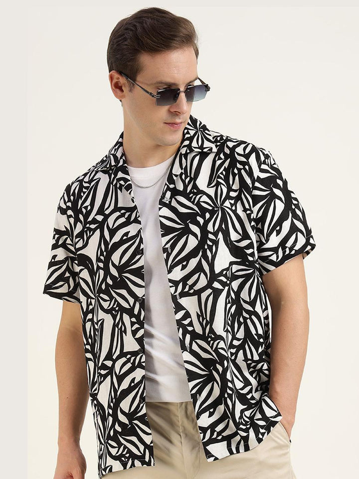 Men White & Black Printed Linen Blend Relaxed Fit Casual Shirt
