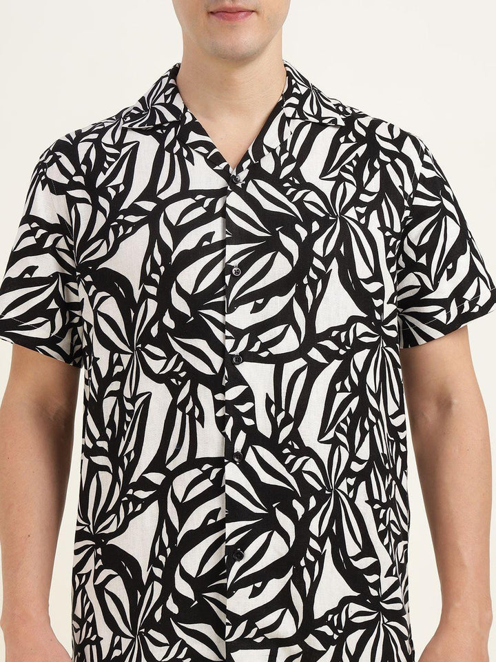 Men White & Black Printed Linen Blend Relaxed Fit Casual Shirt