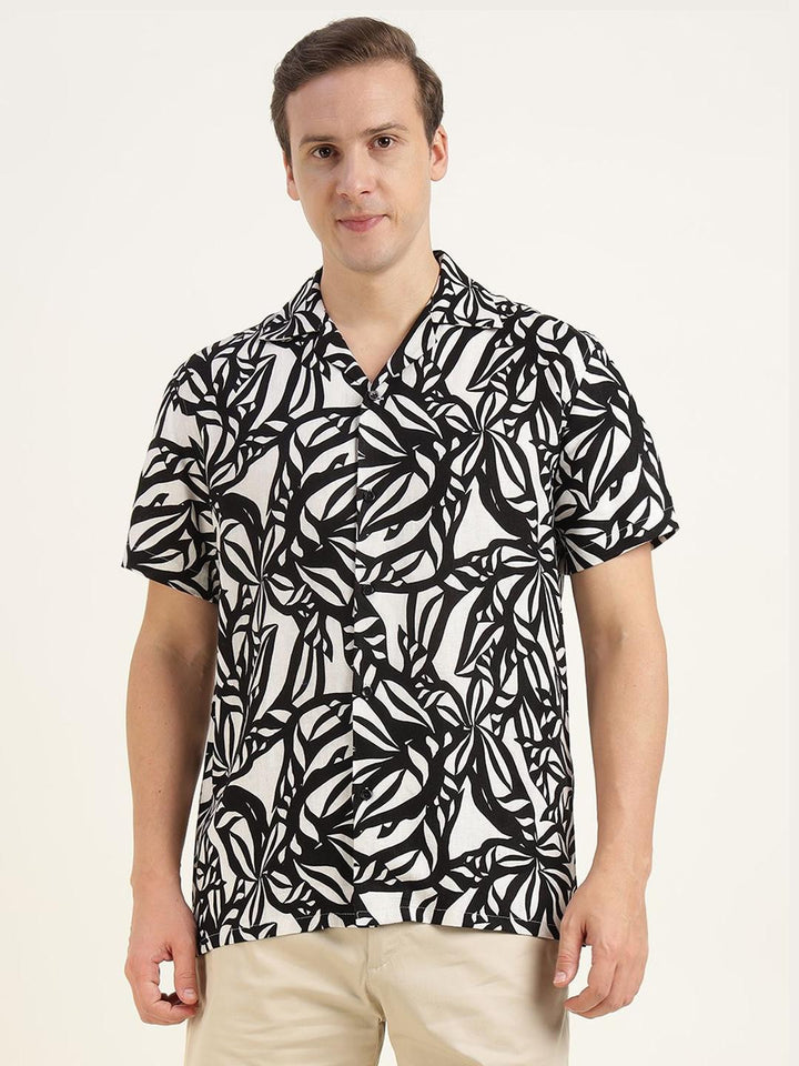 Men White & Black Printed Linen Blend Relaxed Fit Casual Shirt
