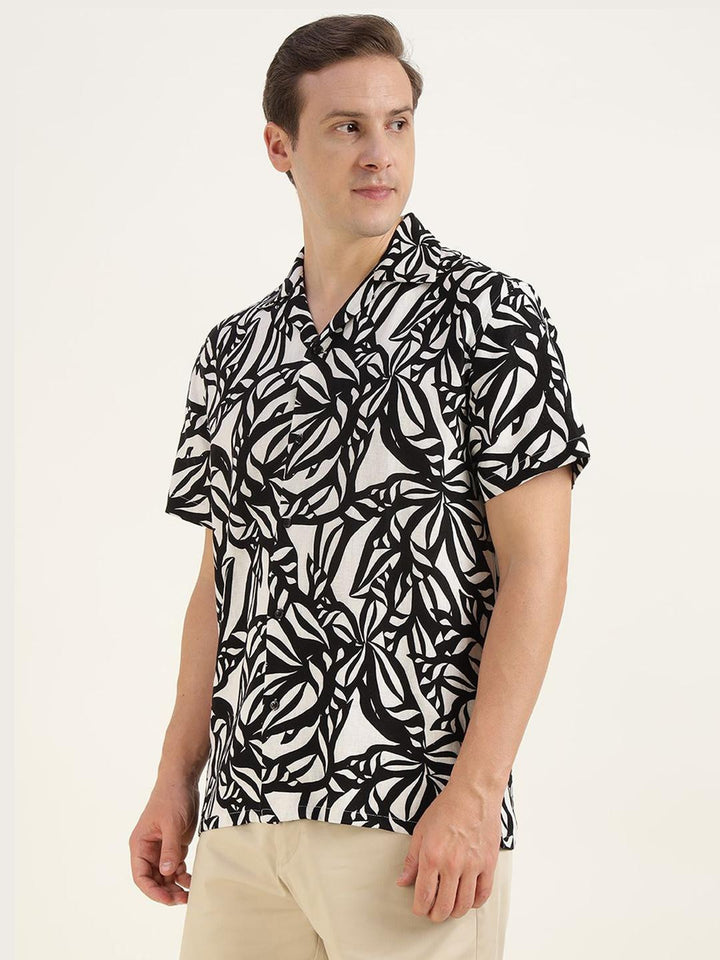 Men White & Black Printed Linen Blend Relaxed Fit Casual Shirt