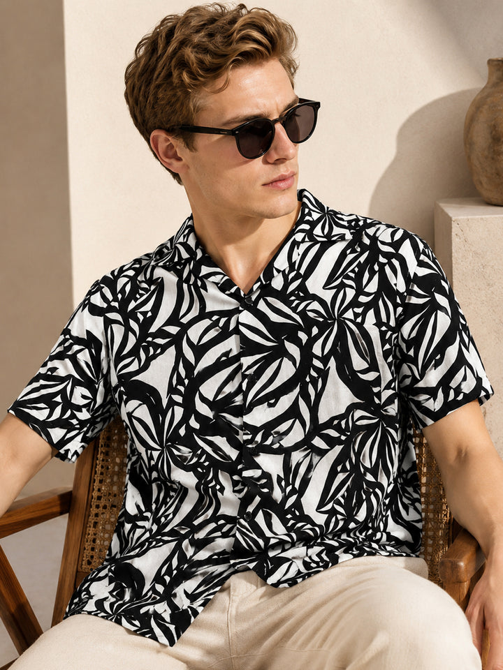 Men White & Black Printed Linen Blend Relaxed Fit Casual Shirt