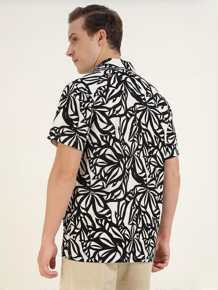 Men White & Black Printed Linen Blend Relaxed Fit Casual Shirt