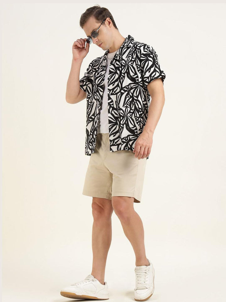 Men White & Black Printed Linen Blend Relaxed Fit Casual Shirt