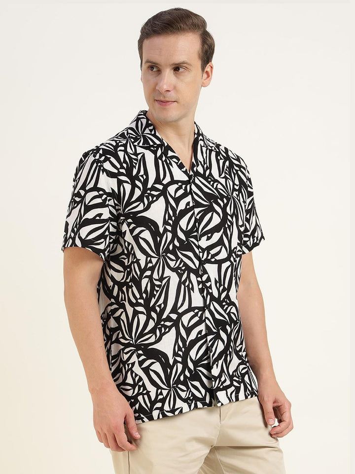 Men White & Black Printed Linen Blend Relaxed Fit Casual Shirt