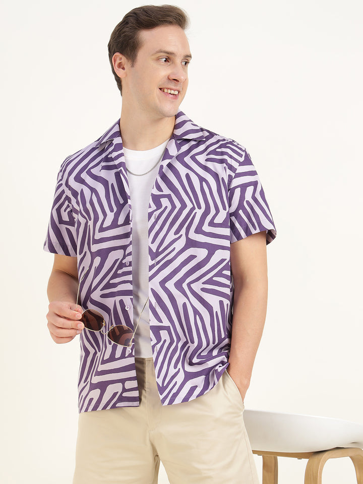 Hancock Men Purple Printed Pure Cotton Relaxed Fit Casual Shirt