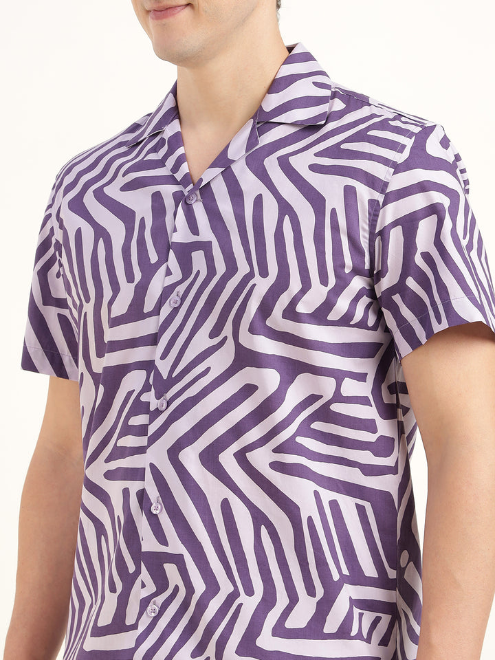 Hancock Men Purple Printed Pure Cotton Relaxed Fit Casual Shirt