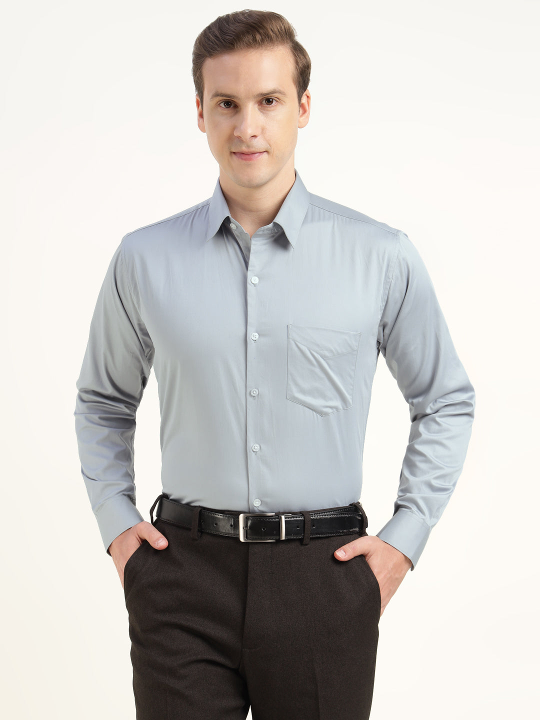 Men Bluish Grey Solid Pure Cotton Slim Fit Party Shirt