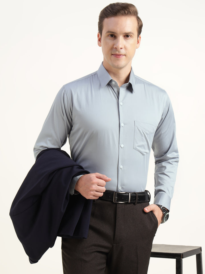 Men Bluish Grey Solid Pure Cotton Slim Fit Party Shirt