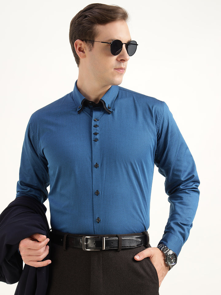 Hancock Men Blue Solid Pure Cotton Slim Fit Party Shirt