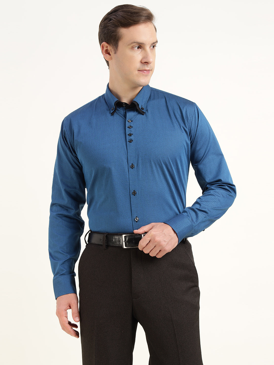 Hancock Men Blue Solid Pure Cotton Slim Fit Party Shirt