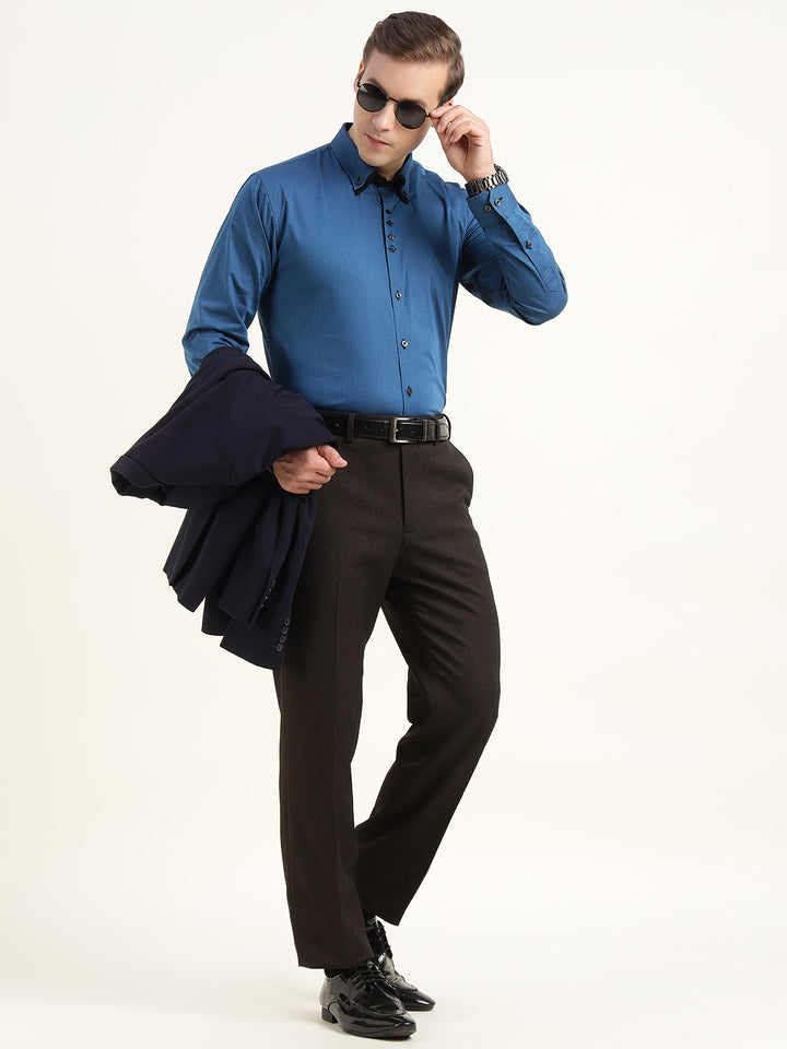 Hancock Men Blue Solid Pure Cotton Slim Fit Party Shirt