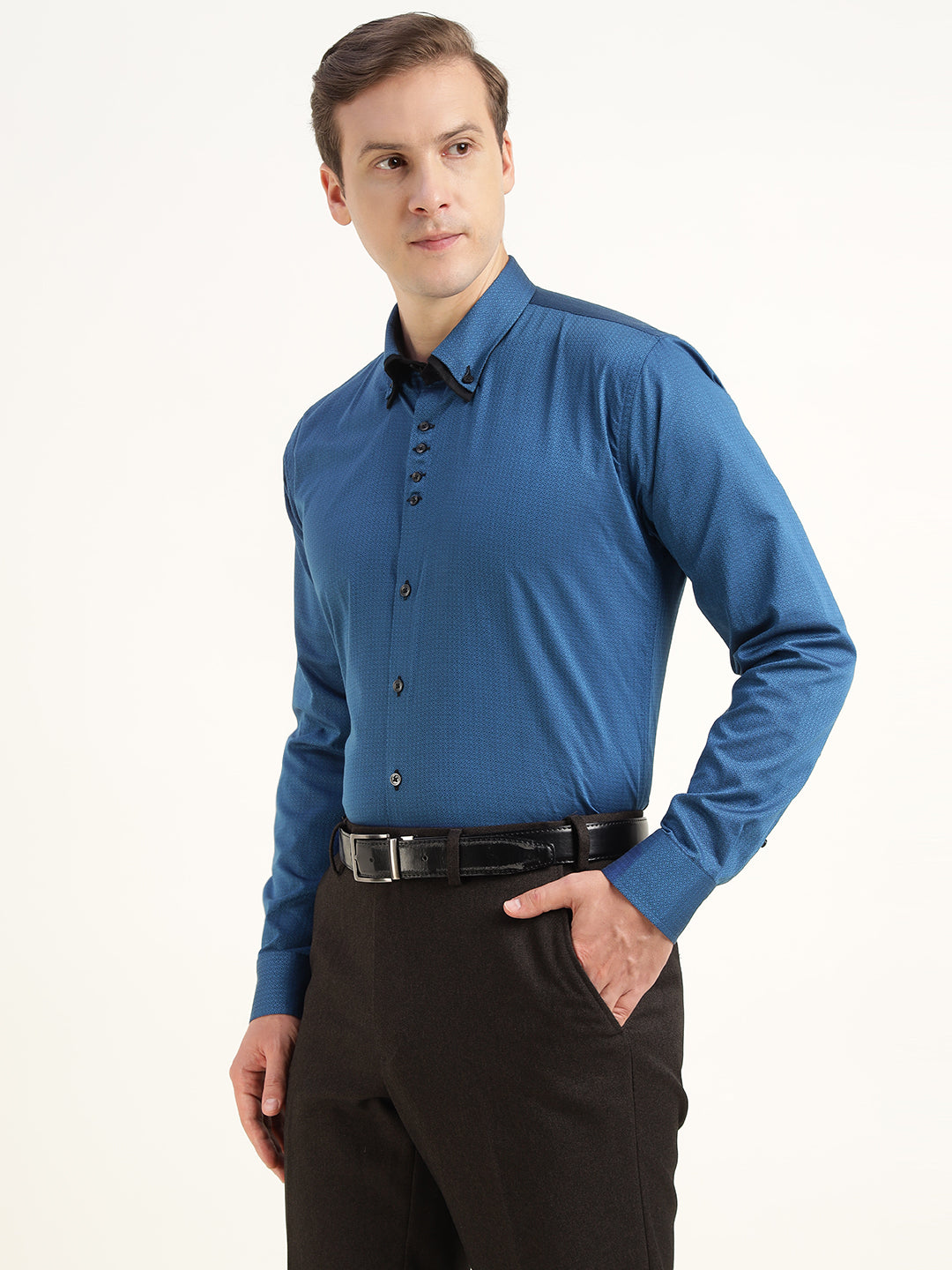 Hancock Men Blue Solid Pure Cotton Slim Fit Party Shirt
