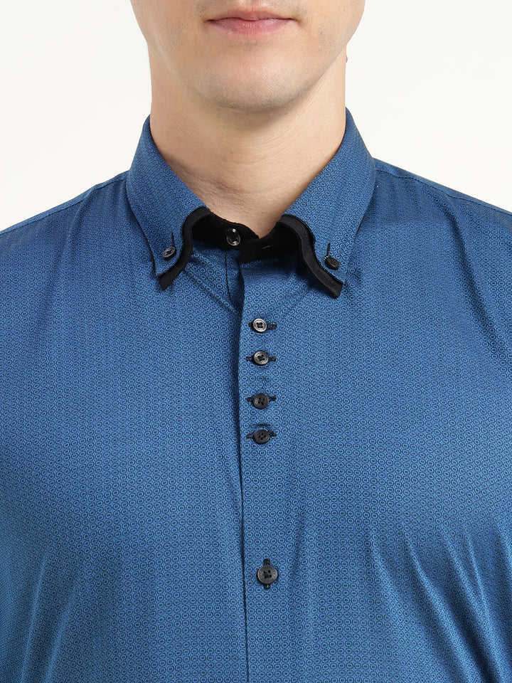 Hancock Men Blue Solid Pure Cotton Slim Fit Party Shirt