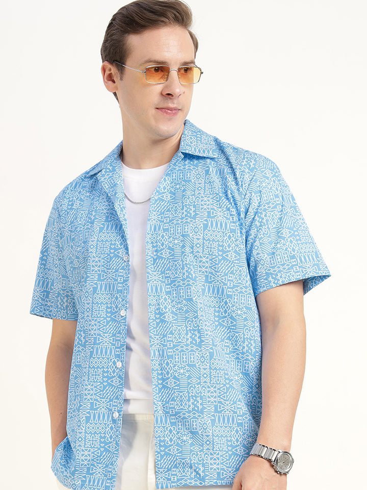 Hancock Men Blue Printed Pure Cotton Relaxed Fit Casual Shirt
