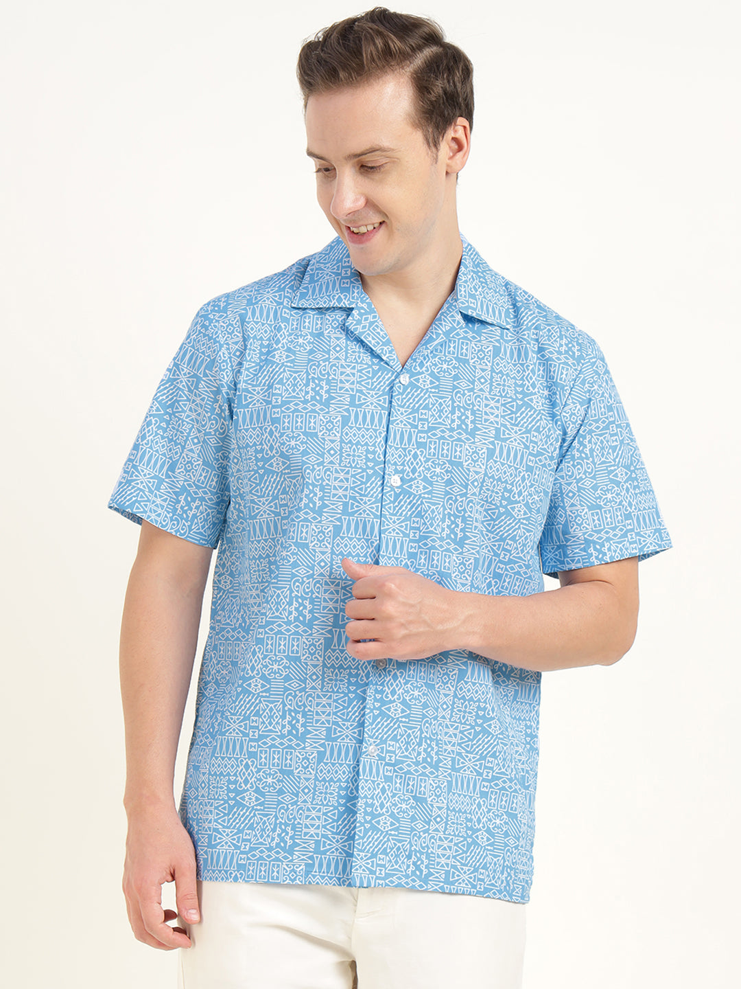 Hancock Men Blue Printed Pure Cotton Relaxed Fit Casual Shirt