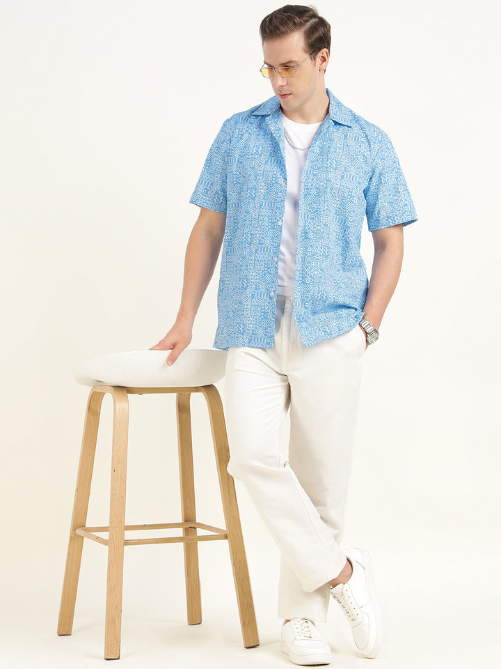 Hancock Men Blue Printed Pure Cotton Relaxed Fit Casual Shirt