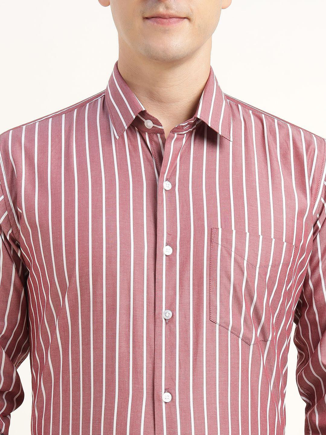Hancock Men Maroon & White Striped Pure Cotton Slim Fit Formal Shirt