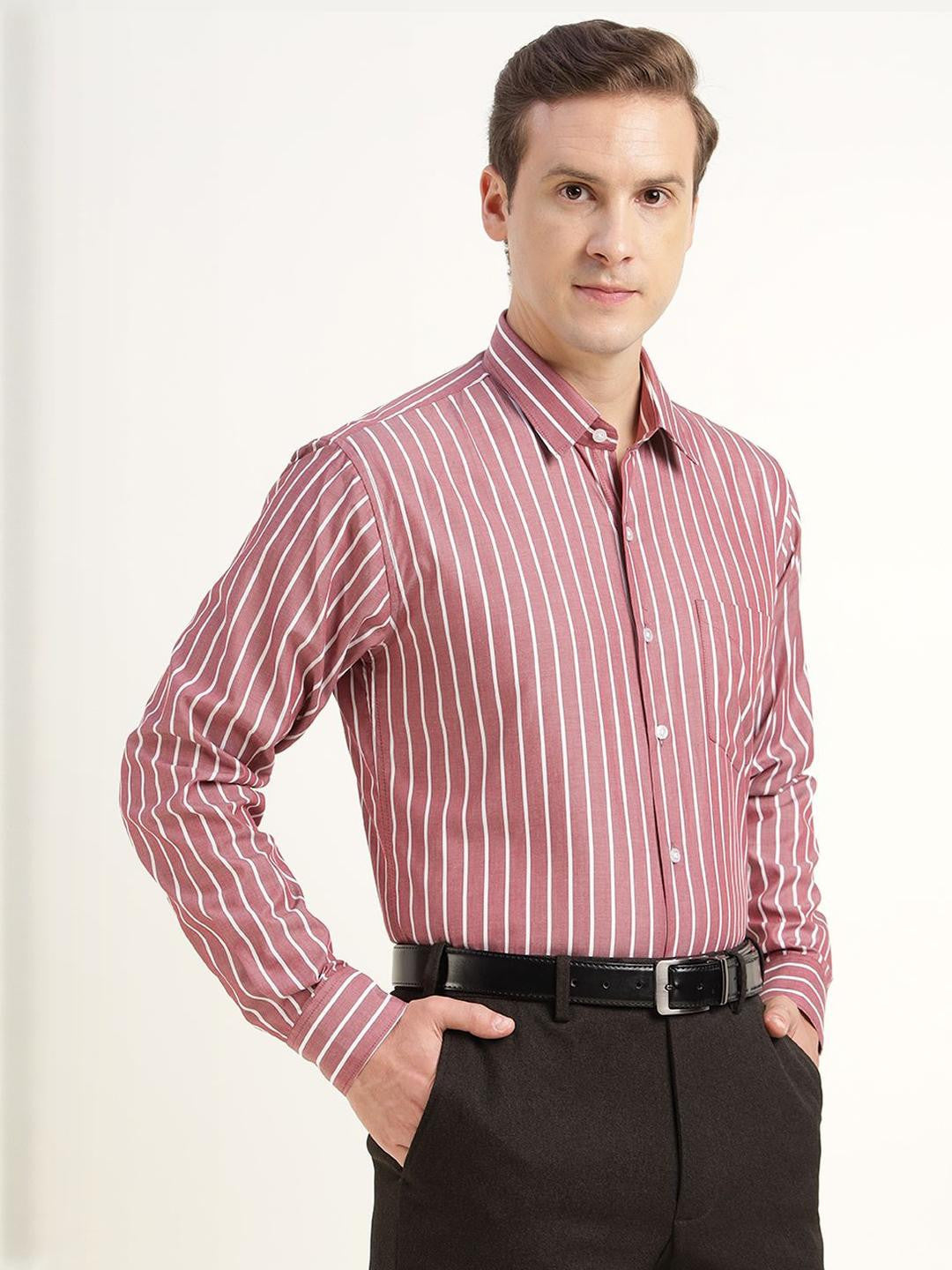 Hancock Men Maroon & White Striped Pure Cotton Slim Fit Formal Shirt
