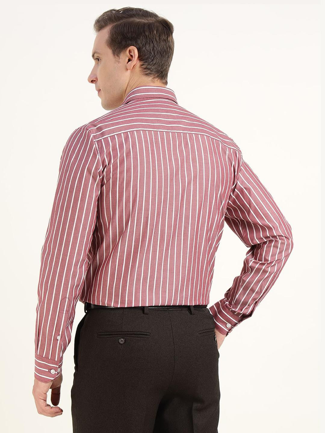 Hancock Men Maroon & White Striped Pure Cotton Slim Fit Formal Shirt
