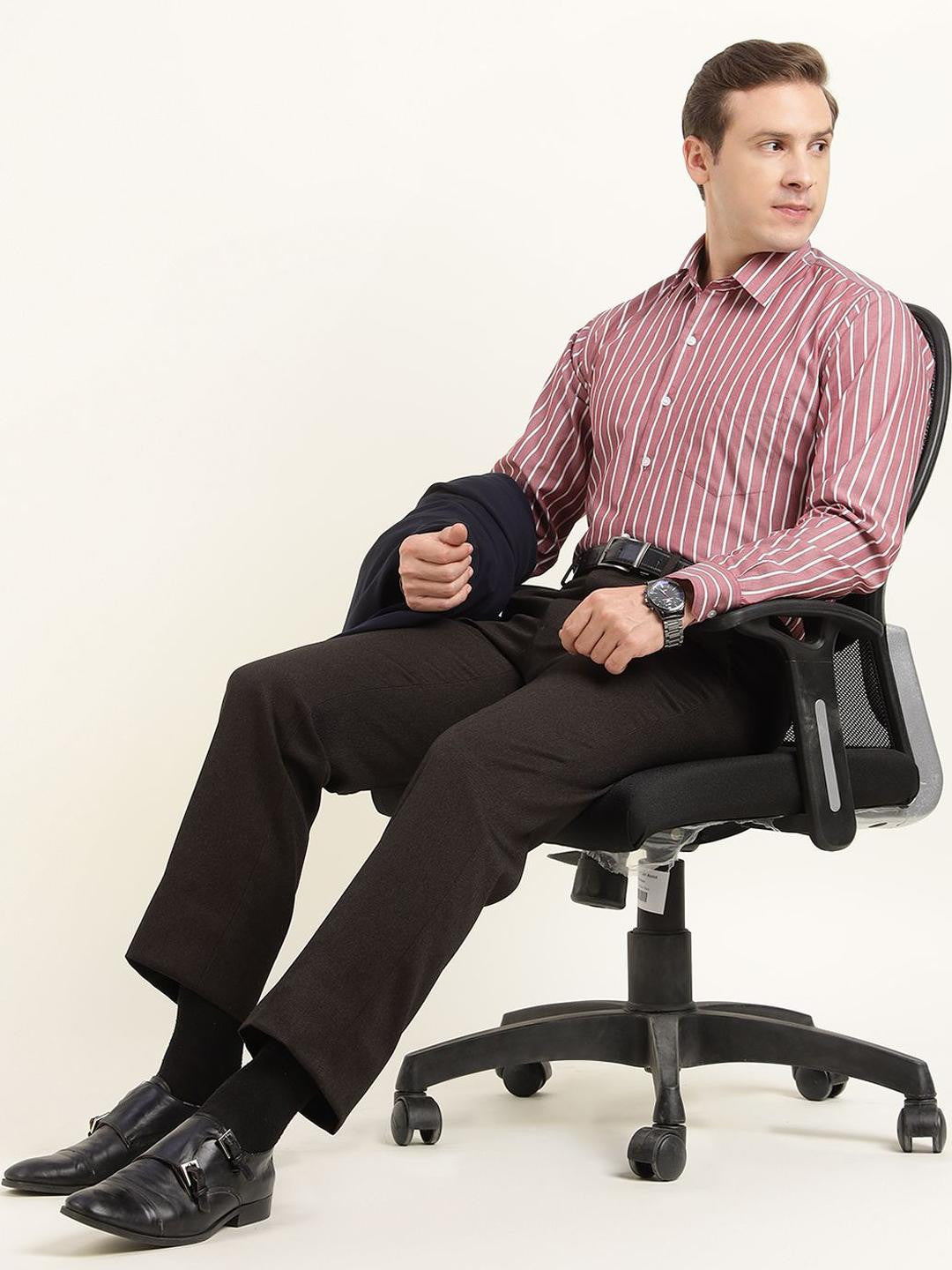 Hancock Men Maroon & White Striped Pure Cotton Slim Fit Formal Shirt