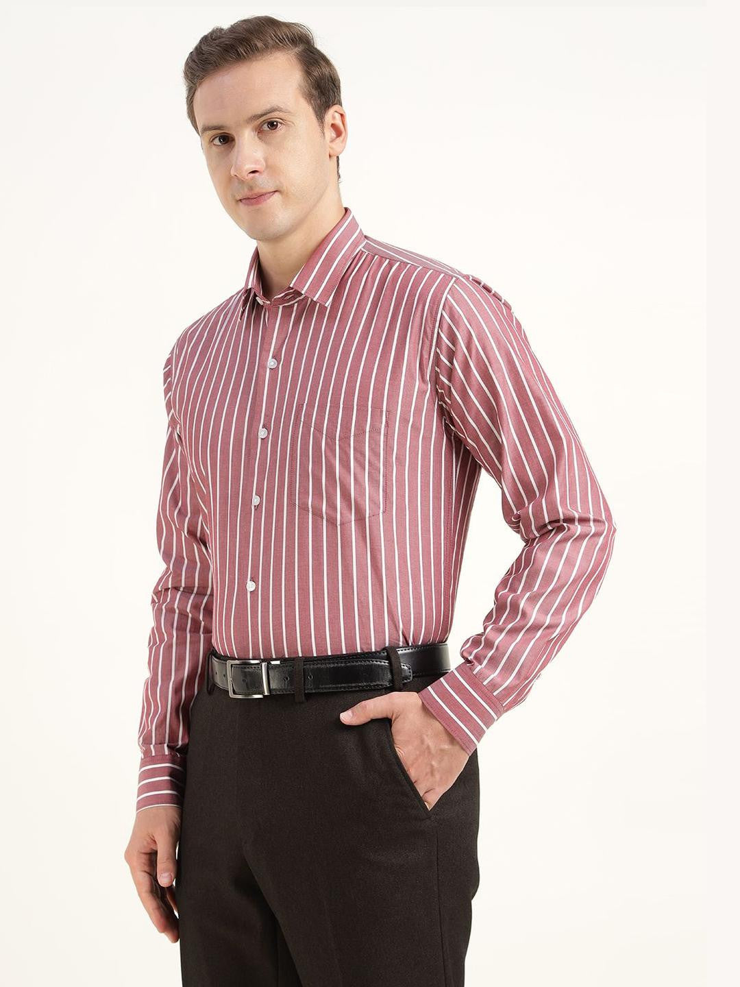 Hancock Men Maroon & White Striped Pure Cotton Slim Fit Formal Shirt